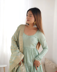 Classic Light Pista Chanderi Anarkali With Banarasi Jacquard Work Dupatta