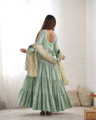 Classic Light Pista Chanderi Anarkali With Banarasi Jacquard Work Dupatta