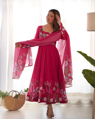 Nitara Rosy Pink Floral Print with Handwork Organza Anarkali