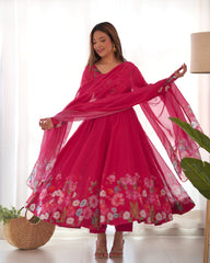 Nitara Rosy Pink Floral Print with Handwork Organza Anarkali