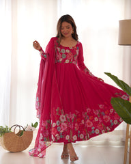 Nitara Rosy Pink Floral Print with Handwork Organza Anarkali