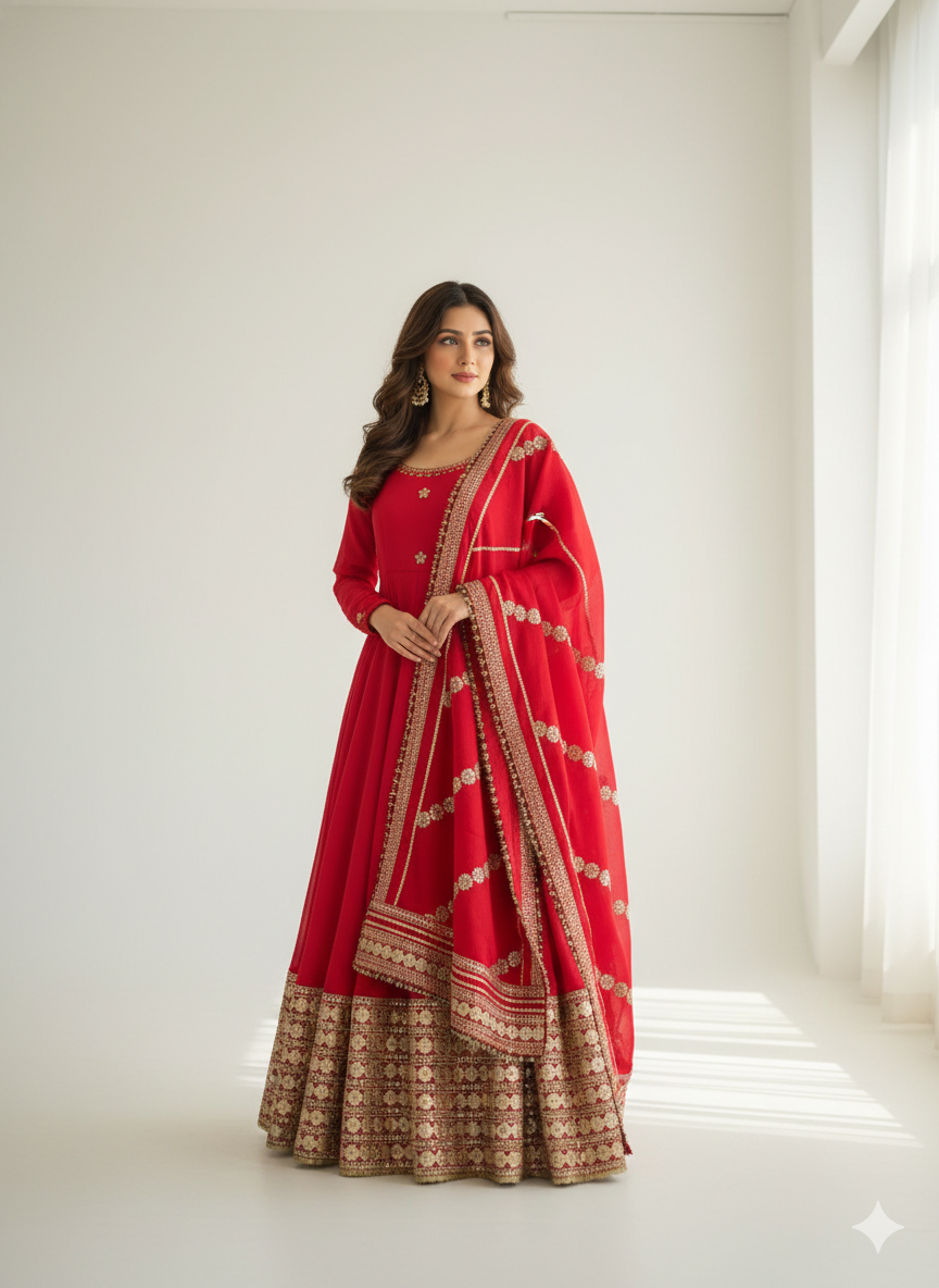 Madhu Red Chinon Silk Anarkali