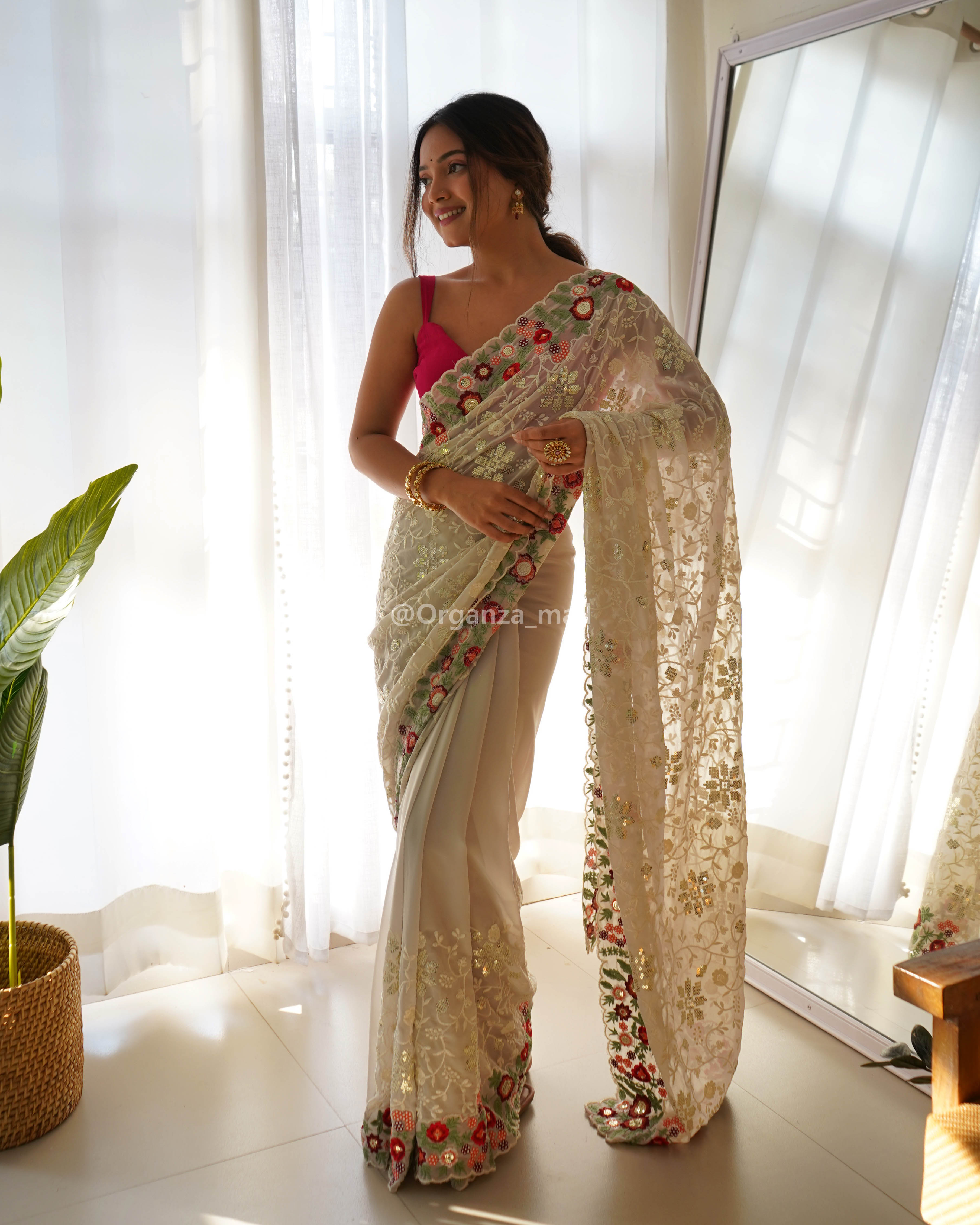 Latest Heavy Beautiful Designer Party Wear Georgette White Color Saree –  Fashionfy