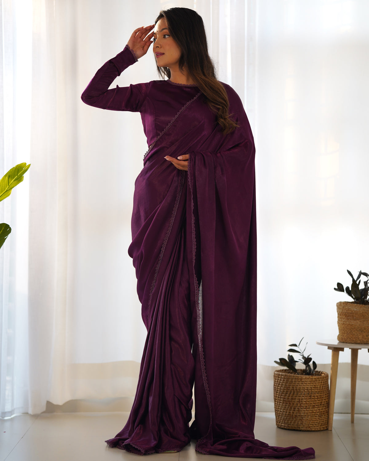 Anika Purple Pre-drapped Marble-Velvet Saree