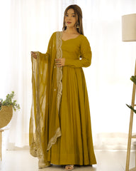 Divine Olive Green Colored Heavy Roman Silk Chanderi Anarkali Gown