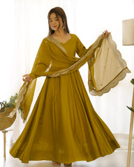 Divine Olive Green Colored Heavy Roman Silk Chanderi Anarkali Gown