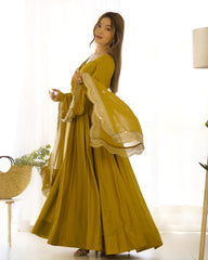 Divine Olive Green Colored Heavy Roman Silk Chanderi Anarkali Gown