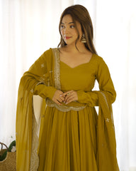 Divine Olive Green Colored Heavy Roman Silk Chanderi Anarkali Gown