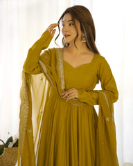 Divine Olive Green Colored Heavy Roman Silk Chanderi Anarkali Gown