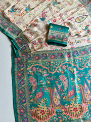 Traditional off-white with rich teal green border Saree with unstitch Blouse