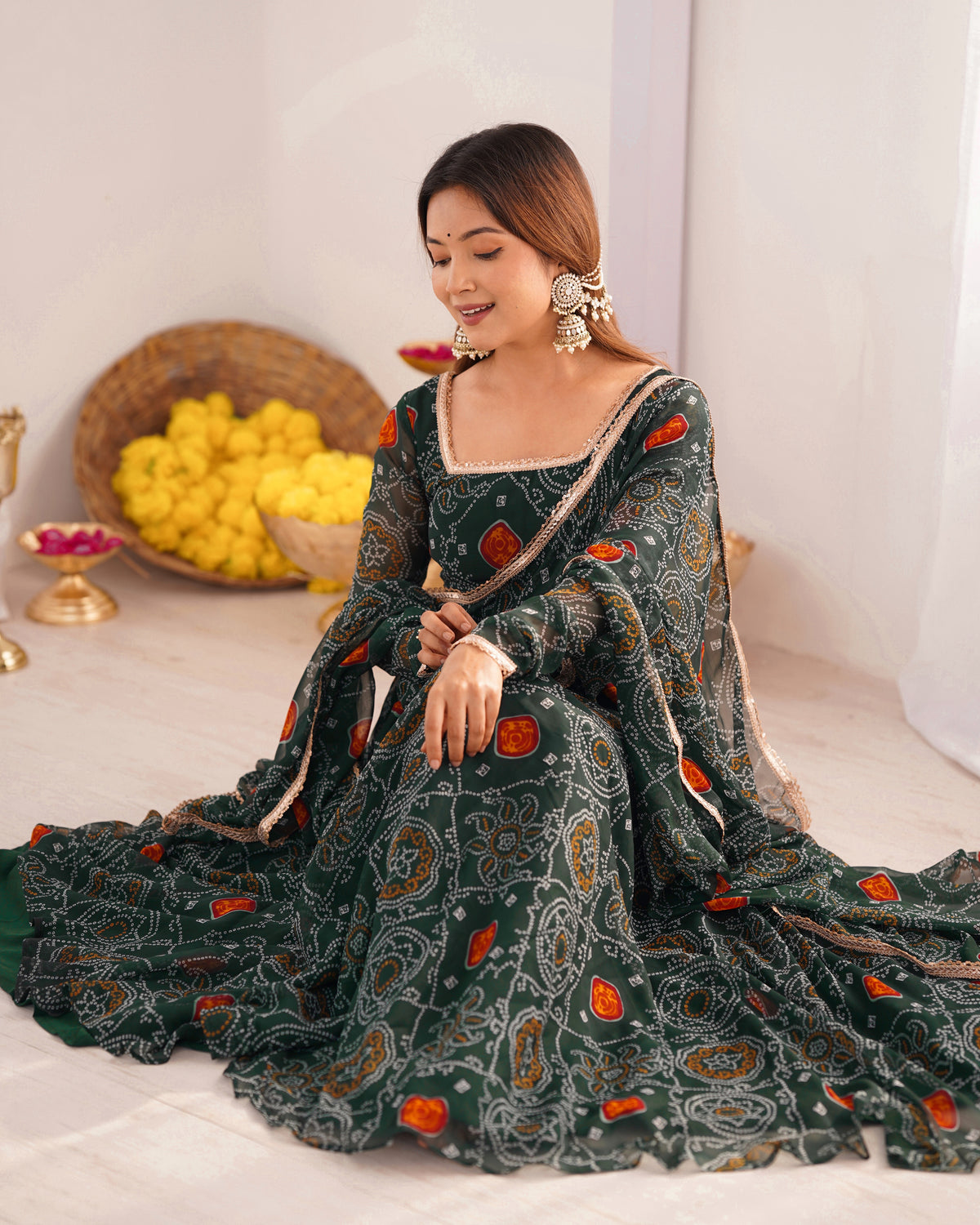 Royal Bottle Green Chiffon Bandhej Ethnic Set