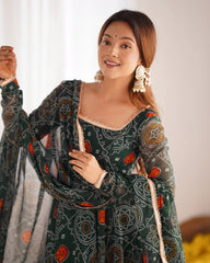 Royal Bottle Green Chiffon Bandhej Ethnic Set