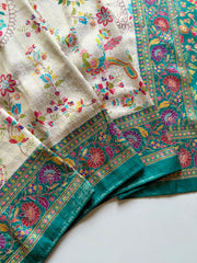 Traditional off-white with rich teal green border Saree with unstitch Blouse