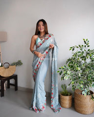 Teal Heavy Embroidery Work Georgette Saree