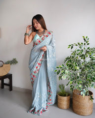 Teal Heavy Embroidery Work Georgette Saree