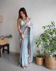 Teal Heavy Embroidery Work Georgette Saree