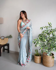 Teal Heavy Embroidery Work Georgette Saree