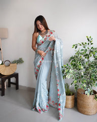 Teal Heavy Embroidery Work Georgette Saree