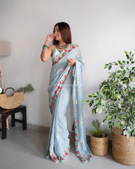 Teal Heavy Embroidery Work Georgette Saree