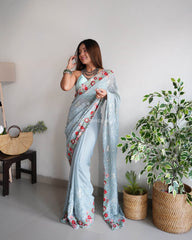 Teal Heavy Embroidery Work Georgette Saree