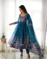 Sakura Printed Pure Soft Organza Dark Cyan Anarkali Gown