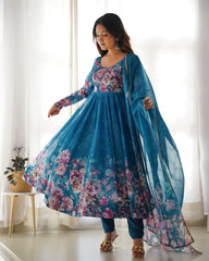 Sakura Printed Pure Soft Organza Dark Cyan Anarkali Gown