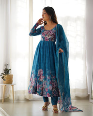 Sakura Printed Pure Soft Organza Dark Cyan Anarkali Gown