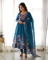 Sakura Printed Pure Soft Organza Dark Cyan Anarkali Gown