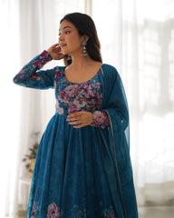 Sakura Printed Pure Soft Organza Dark Cyan Anarkali Gown