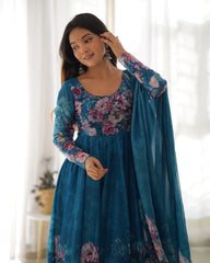 Sakura Printed Pure Soft Organza Dark Cyan Anarkali Gown