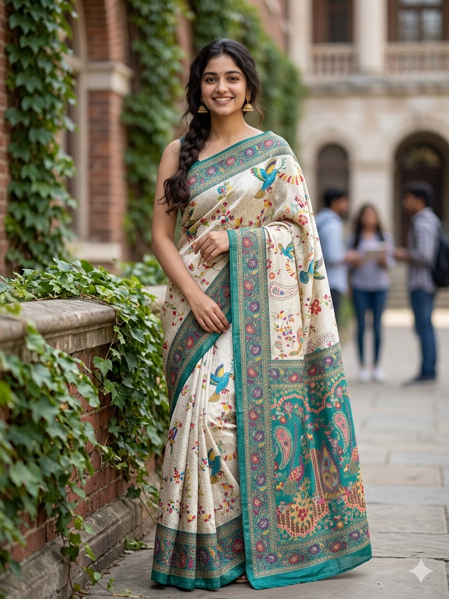Traditional off-white with rich teal green border Saree with unstitch Blouse