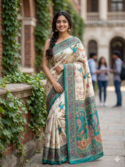 Traditional off-white with rich teal green border Saree with unstitch Blouse