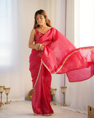 Radha Rani Pink Gold Crush Tissue Silk Pre-drapped Saree