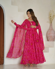 Royal Pink Chiffon Bandhej Ethnic Set