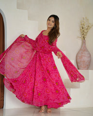 Royal Pink Chiffon Bandhej Ethnic Set
