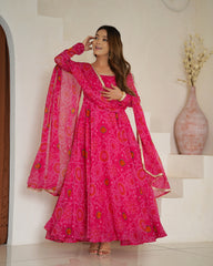 Royal Pink Chiffon Bandhej Ethnic Set