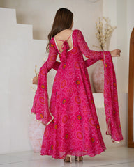 Royal Pink Chiffon Bandhej Ethnic Set