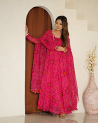 Royal Pink Chiffon Bandhej Ethnic Set