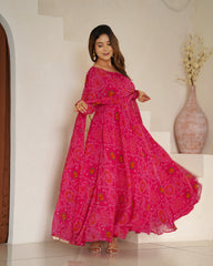 Royal Pink Chiffon Bandhej Ethnic Set
