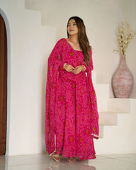 Royal Pink Chiffon Bandhej Ethnic Set