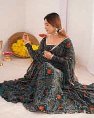 Royal Bottle Green Chiffon Bandhej Ethnic Set