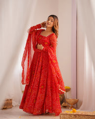 Royal orange Chiffon Bandhej Ethnic Set