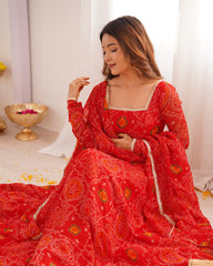 Royal orange Chiffon Bandhej Ethnic Set