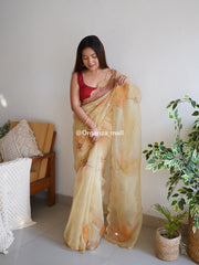 Vachi Elegant Floral Printed Cutwork Pure Organza Amber Peach Saree