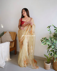 Vachi Elegant Floral Printed Cutwork Pure Organza Amber Peach Saree