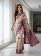 Traditional Cream Saree with Purple Border