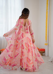 Elegant Peach Floral Organza Anarkali Set