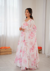 White Flower-Printed Anarkali Set