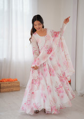 White Flower-Printed Anarkali Set