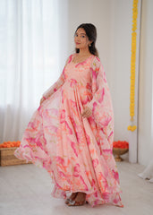 Elegant Peach Floral Organza Anarkali Set